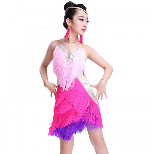 Girl's latin dress for children kids royal blue pink white red fringes competition stage performance latin salsa rumba dresses